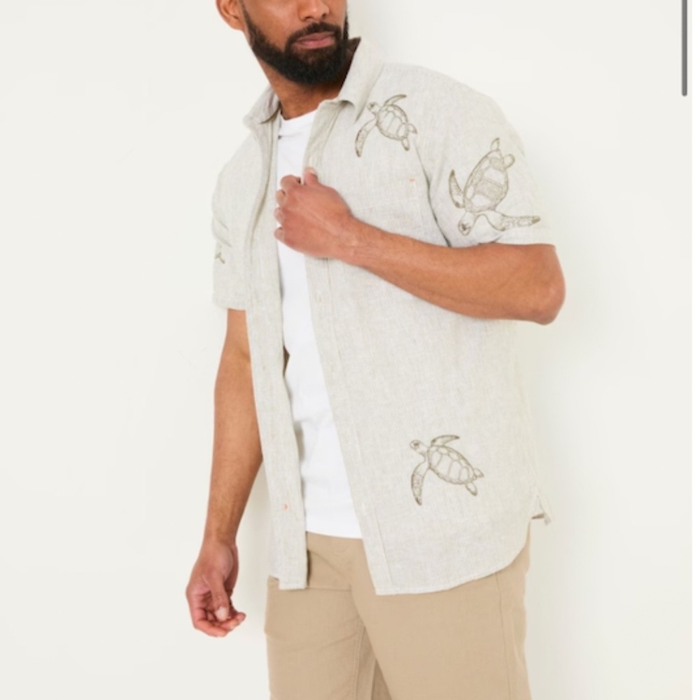 FatFace Linen Blend Turtle Print Button Up Shirt L Regular Khaki Green Men's L